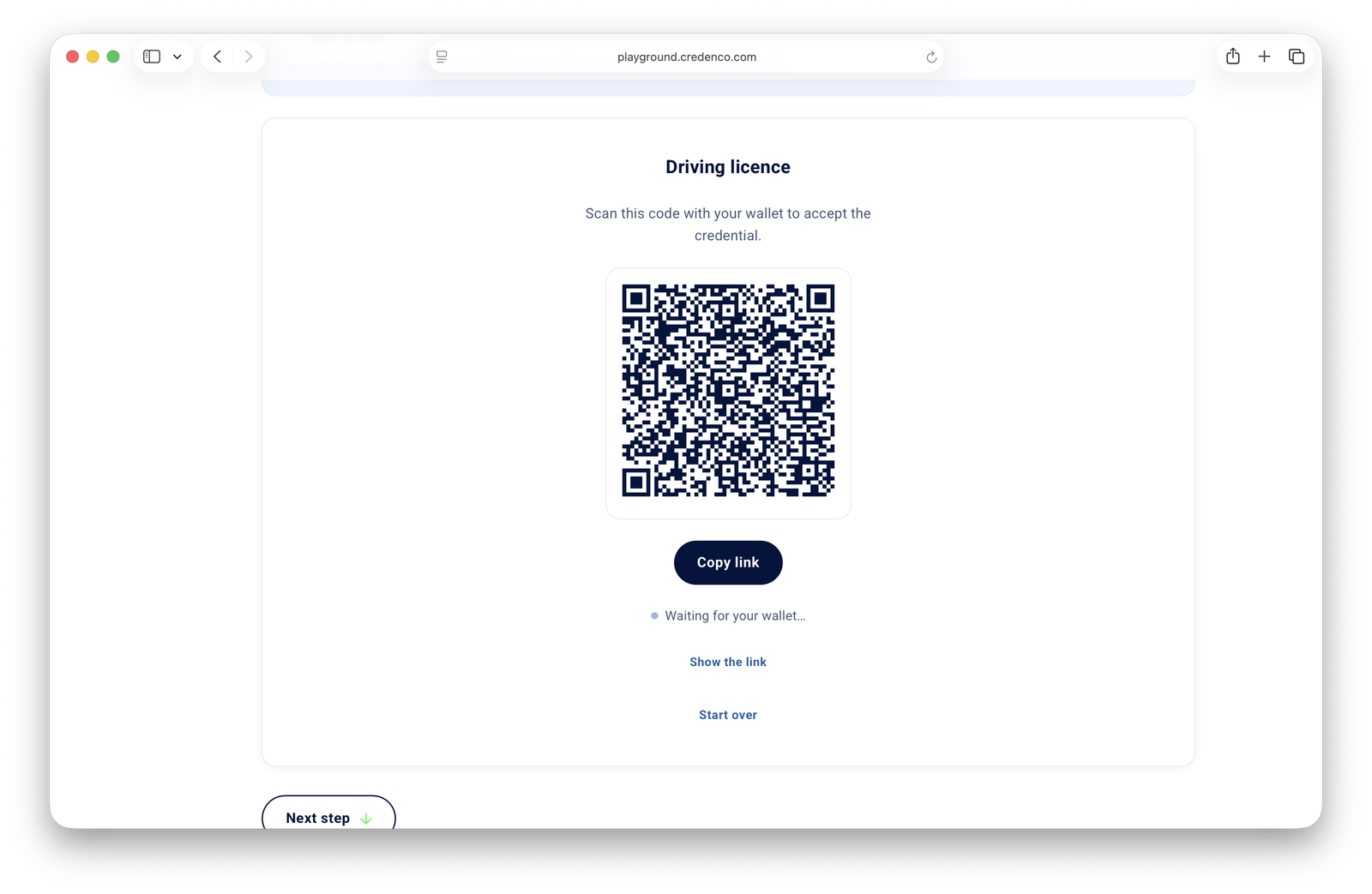 The QR panel, waiting for the wallet