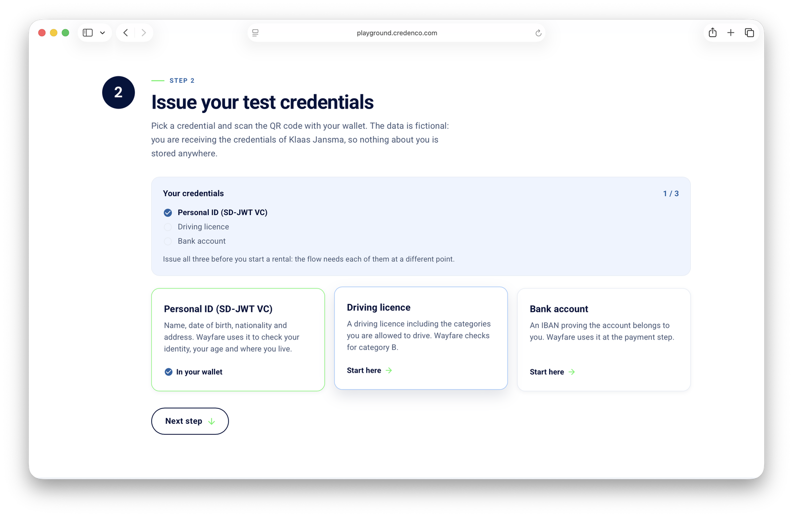 Step two of the playground: issue your test credentials