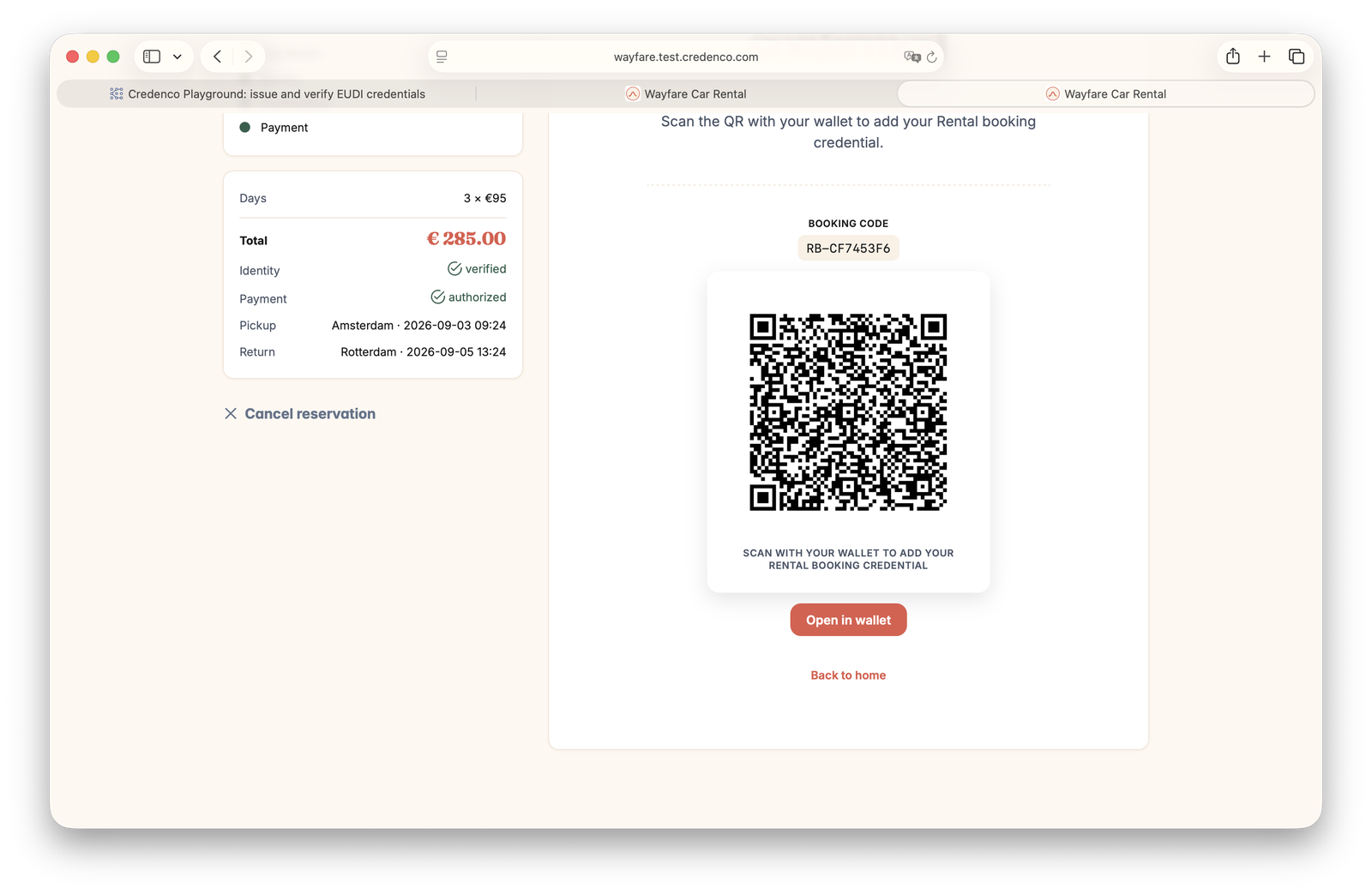 The rental booking credential, ready to add to the wallet