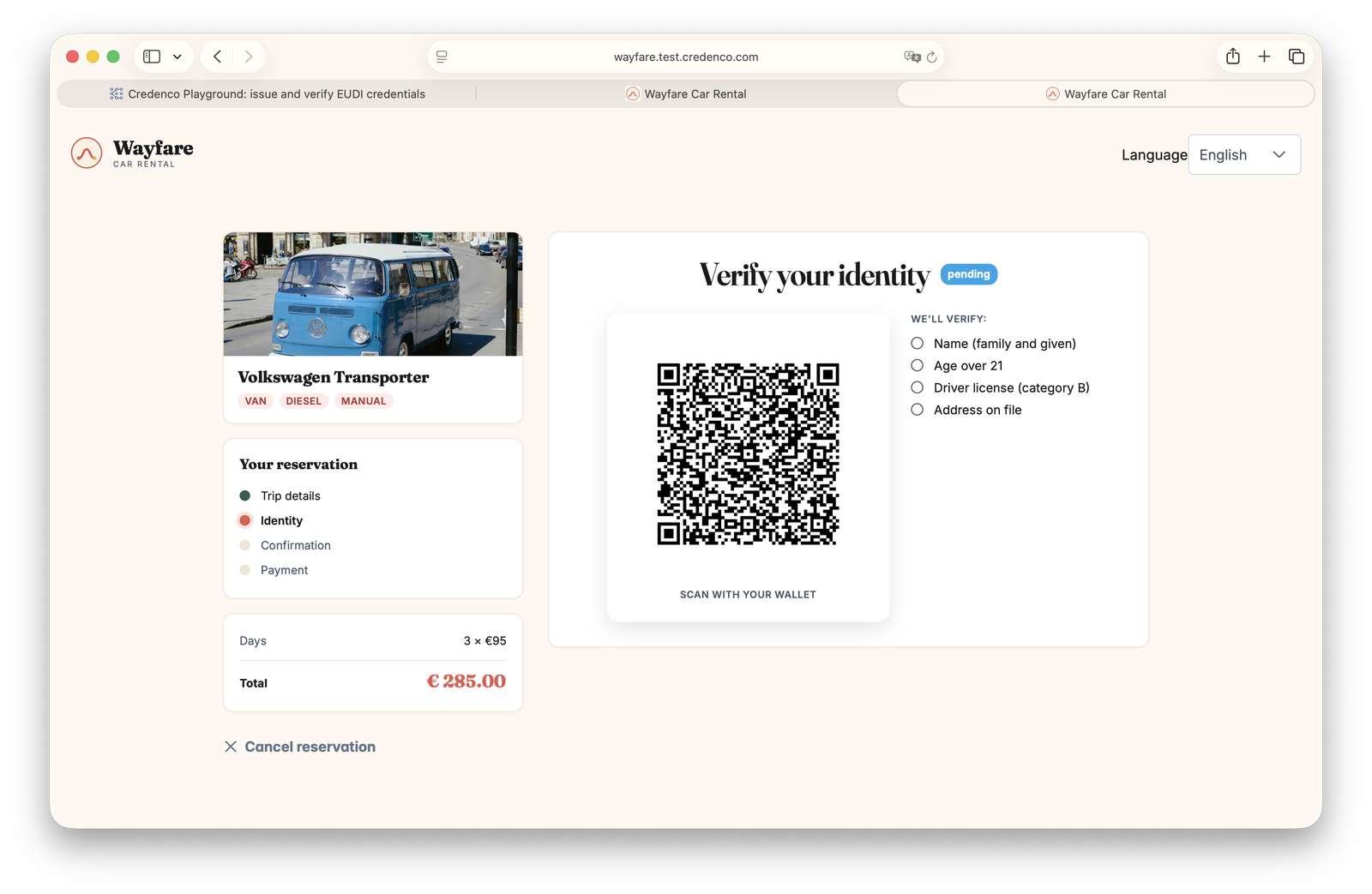 Wayfare's identity step, a single OpenID4VP request